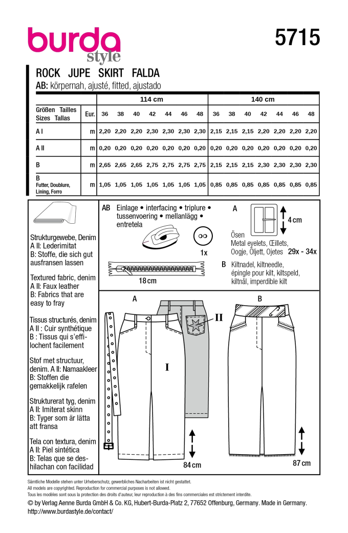 Schnittmuster Rock, Burda 5715