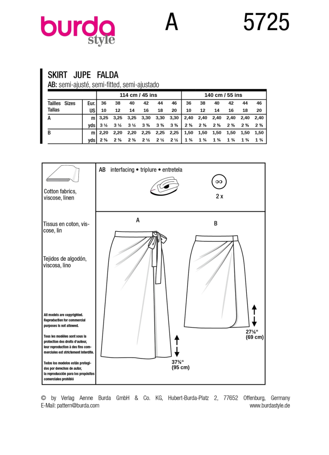 Patron Burda 5725 jupe femme, en français