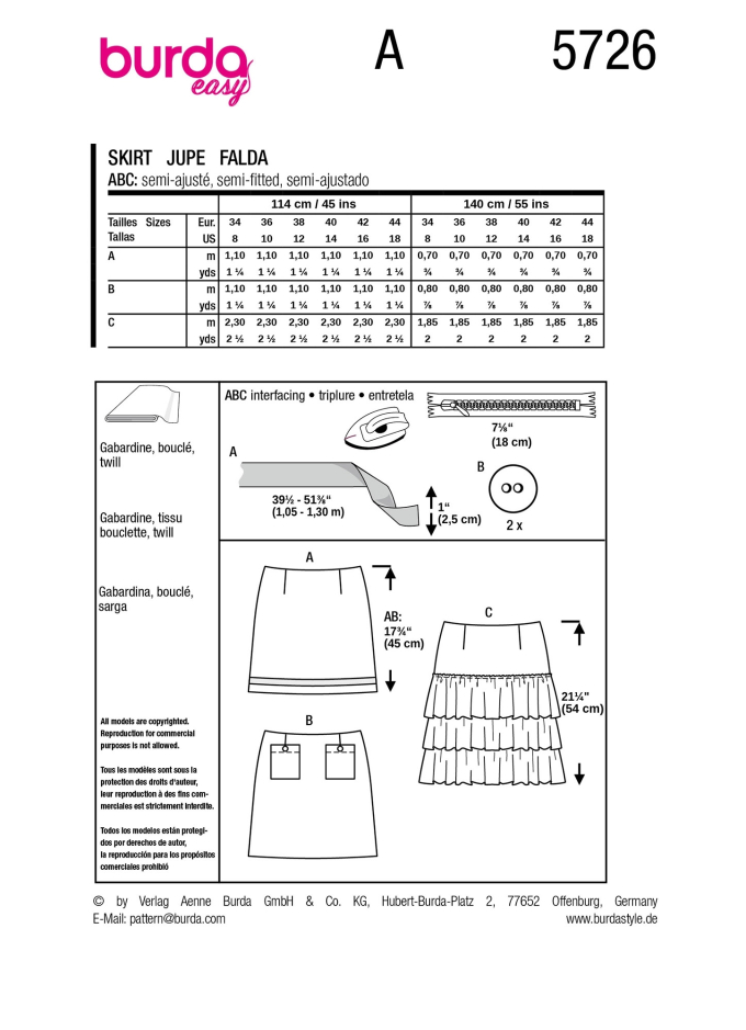Patron Burda 5726 jupe femme, en français