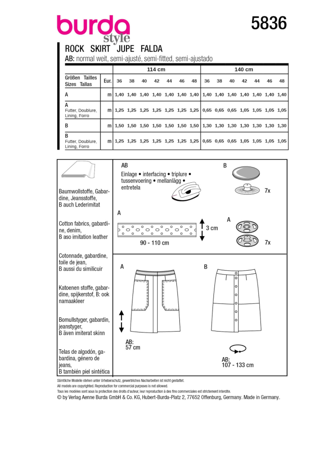 Patron Burda 5836 jupe femme, version papier, en français