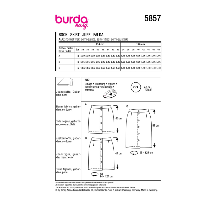Naaipatroon rok, Burda 5857, Nl/Dui/En/Fr