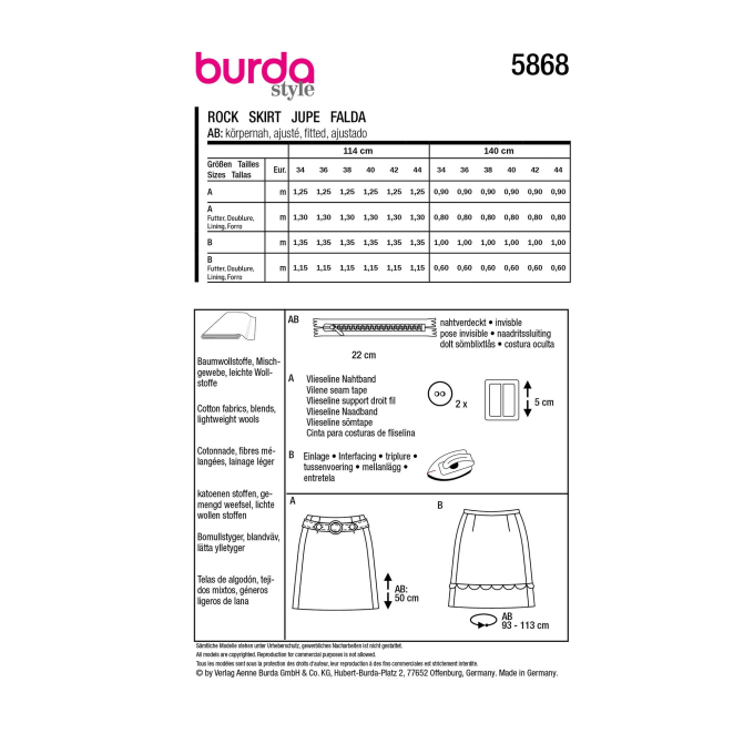 Naaipatroon rok, Burda 5868, Nl/Dui/En/Fr
