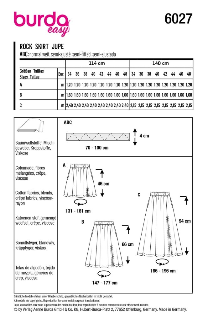 Patron Burda 6027 jupe femme, taille 34-48, en français
