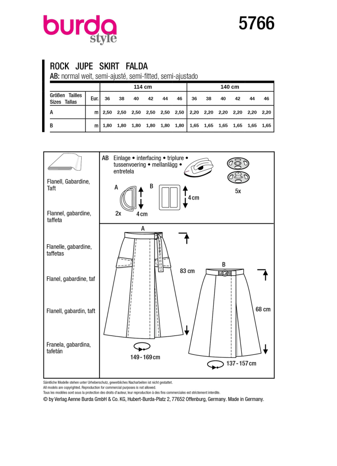 Patron Burda 5766 jupe femme, version papier, en français