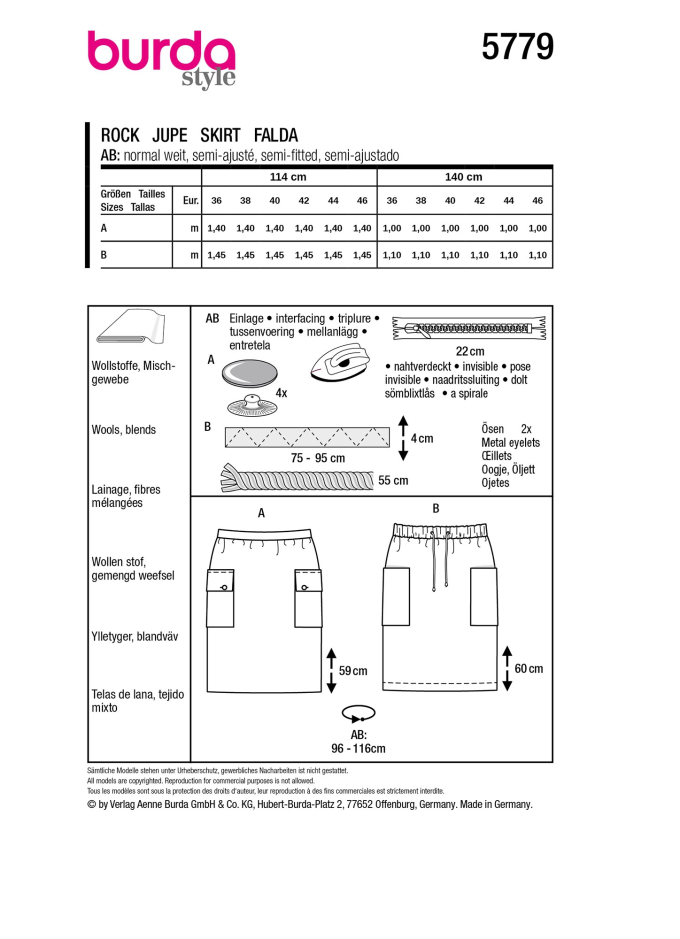 Patron Burda 5779 jupe femme, version papier, en français