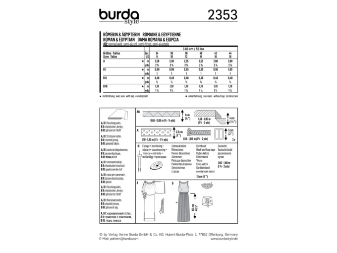 Patron Burda 2353 Déguisement Romaine et égyptienne, en français