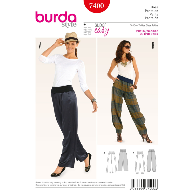 Naaipatroon broek,  Burda 7400, Nl/Dui/En/Fr