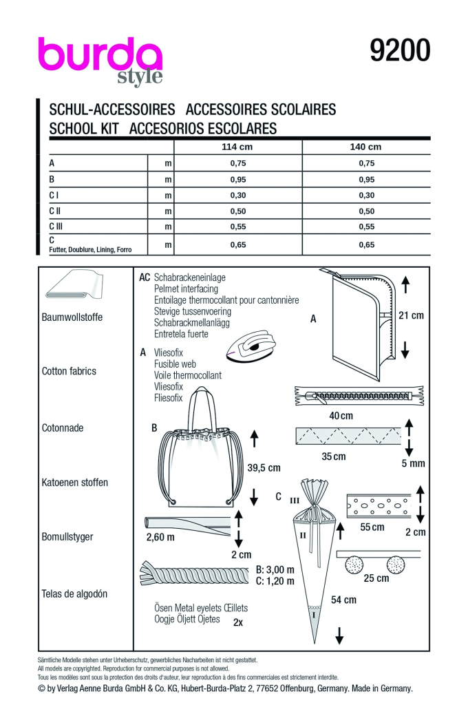 Patron Burda 9200 accessoires scolaires, version papier, en français