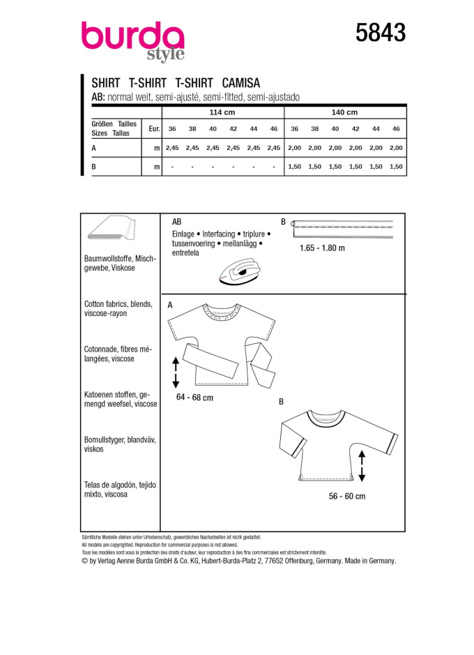 Patron Burda 5843 t-shirt /blouse femme, version papier, en français