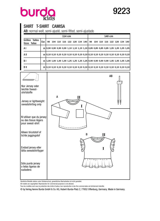 Patron Burda 9223 t-shirt enfant, version papier, en français