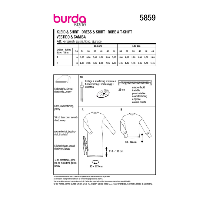 Naaipatroon shirt en jurk, Burda 5859, Nl/Dui/En/Fr