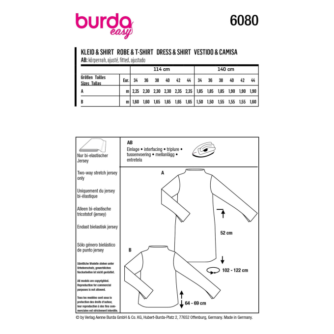 Naaipatroon shirt en jurk, Burda 6080, Nl/Dui/En/Fr