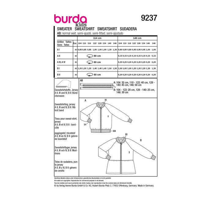 Patron Burda Kids 9237veste sweat enfant, taille 104-146, en français