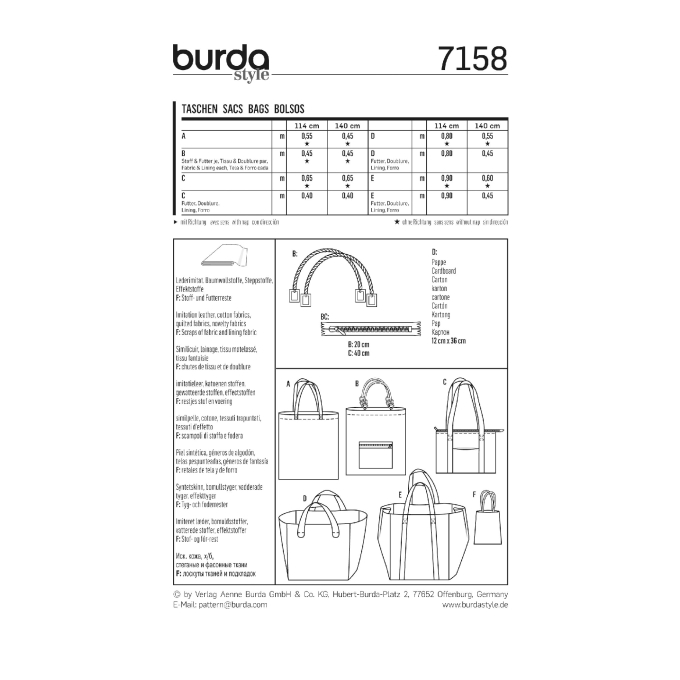 Naaipatron tas, Burda 7158, Nl/Dui/En/Fr