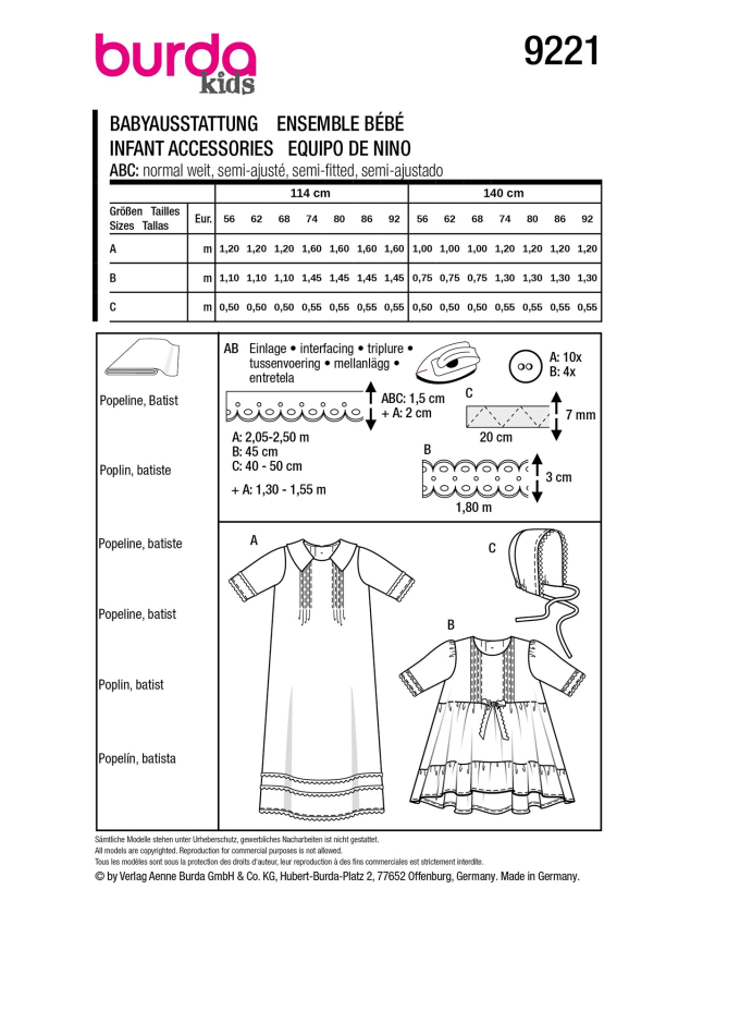 Patron Burda 9221 vêtements bébé, version papier, en français