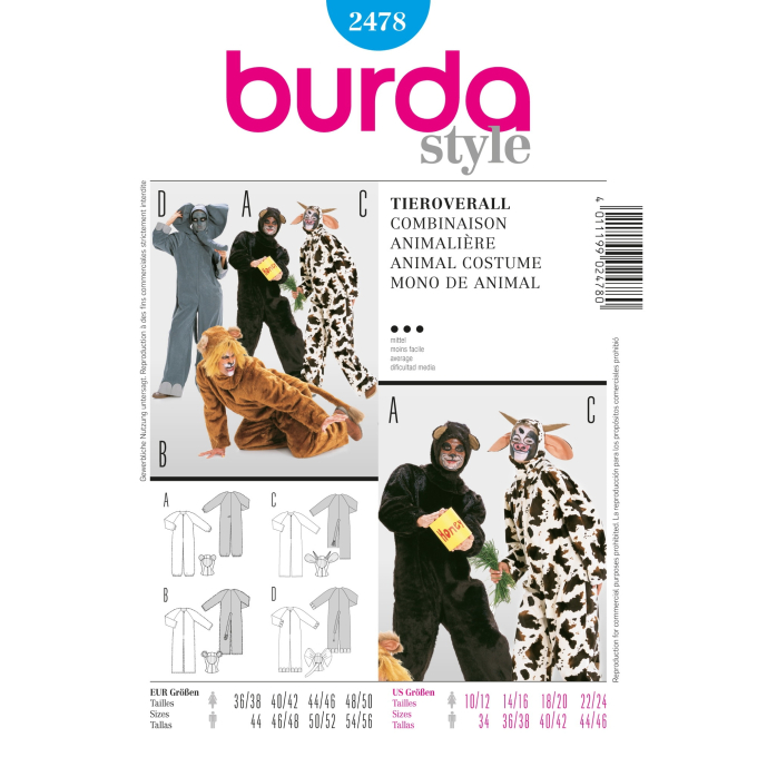 Patron Burda 2478 Déguisement Combinaison animale Adulte, en français