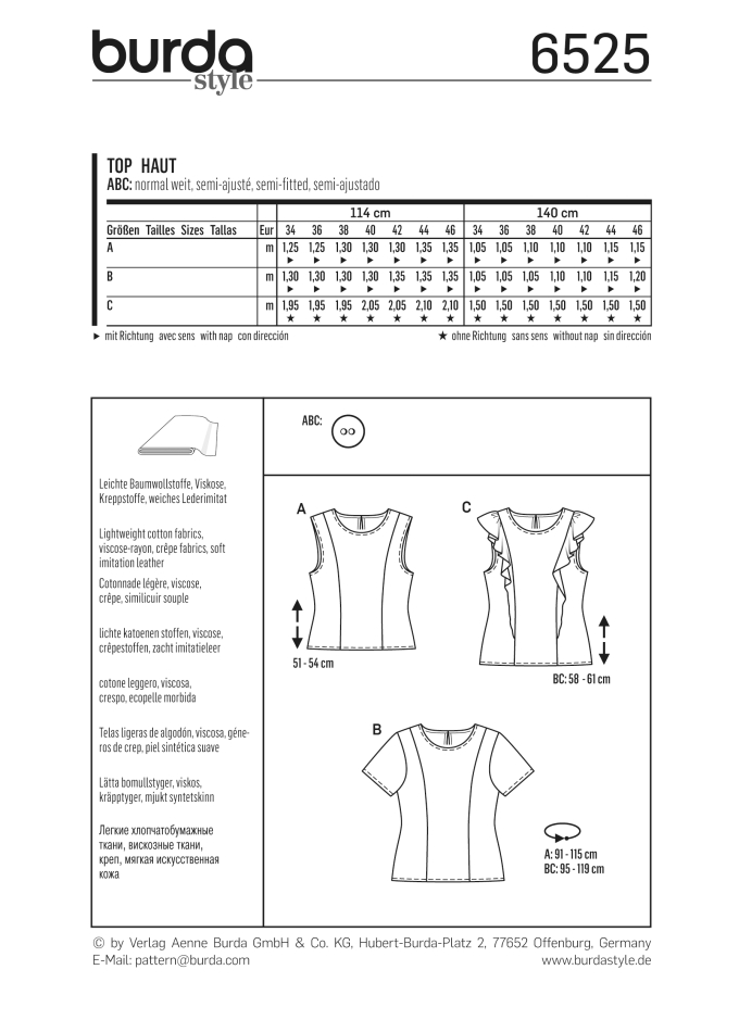Naaipatroon topje en blouse , Burda 6525, Nl/Dui/En/Fr