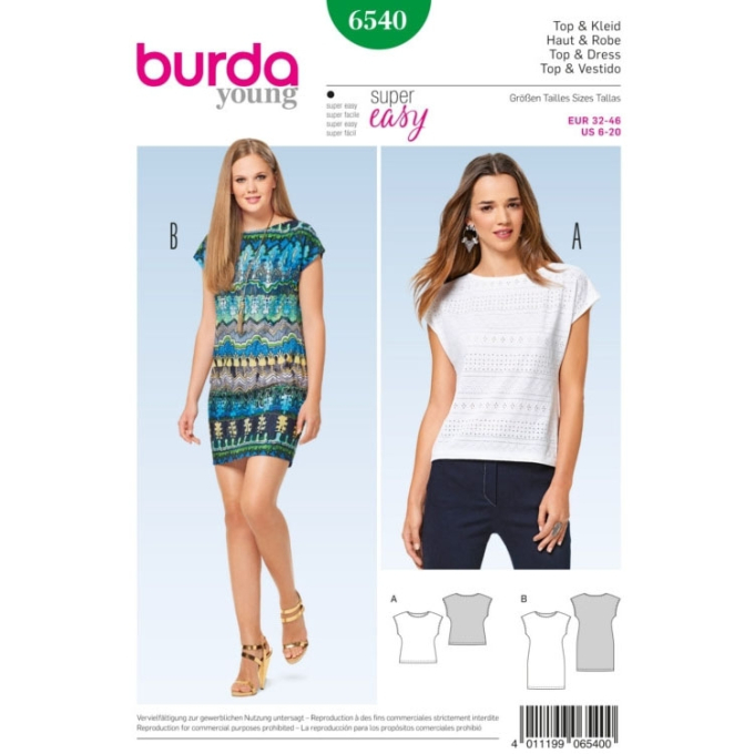 Naaipatroon topje en jurk, Burda 6540, Nl/Dui/En/Fr