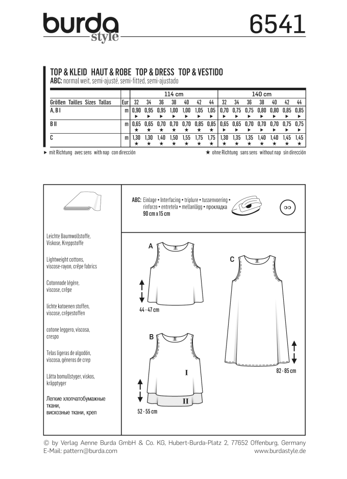 Patron Burda 6541 Top, robe, sans manches, en français