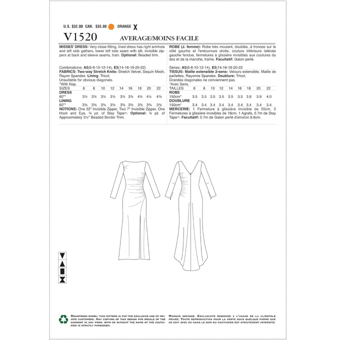 Naaipatroon Vogue 1520 designer jurk, maat 40-48 Dui/En/Fr
