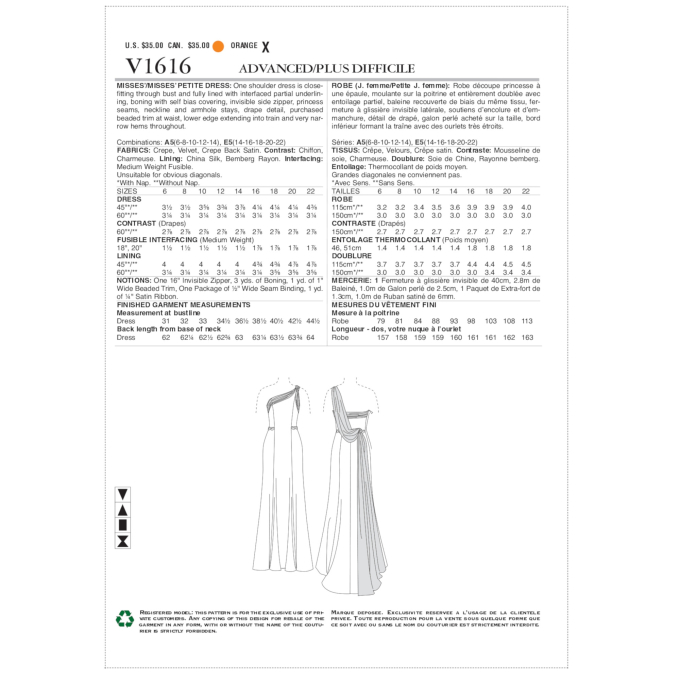 Naaipatroon Vogue 1616 designer jurk, maat 32-40, Dui/En/Fr