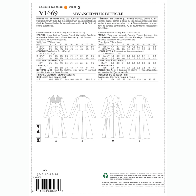 Pattern Vogue 1669 Mantel Gr. 32-40, Dui/En/Fr