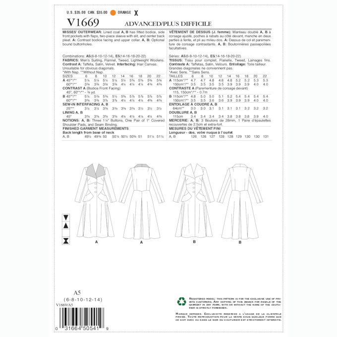 Pattern Vogue 1669 Mantel Gr. 40-48, Dui/En/Fr