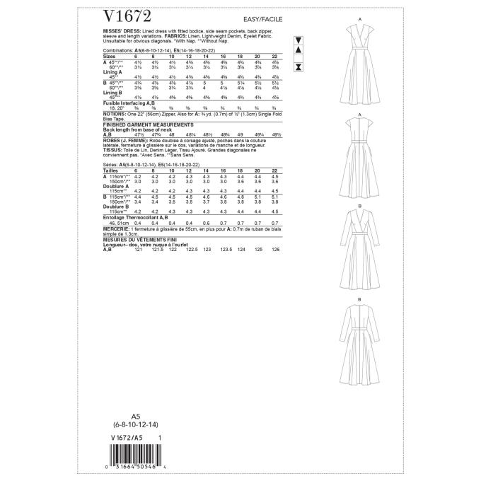 Patron Vogue 1672 robe, taille 40-48, en français