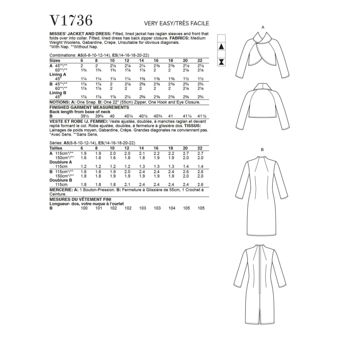 Patron Vogue 1736 combinaison, taille 32-40, en français