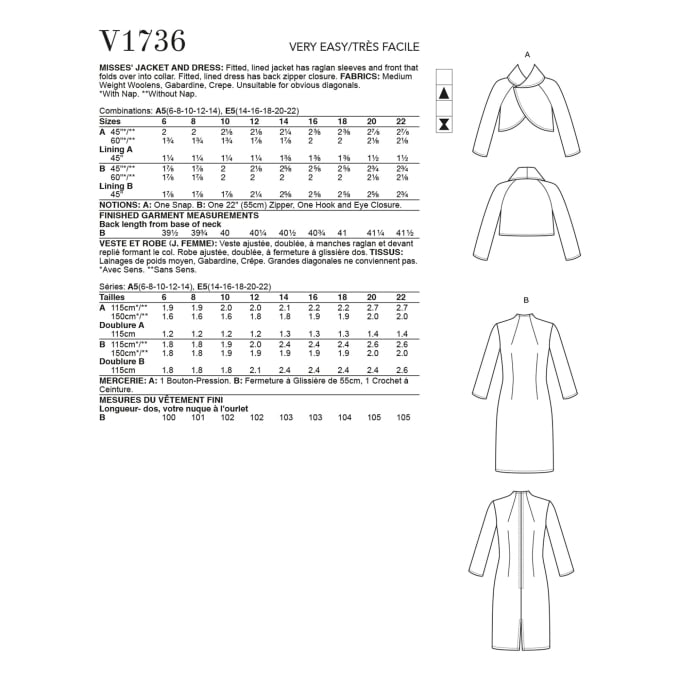Patron Vogue 1736 robe et veste femme, taille 40-48, en français