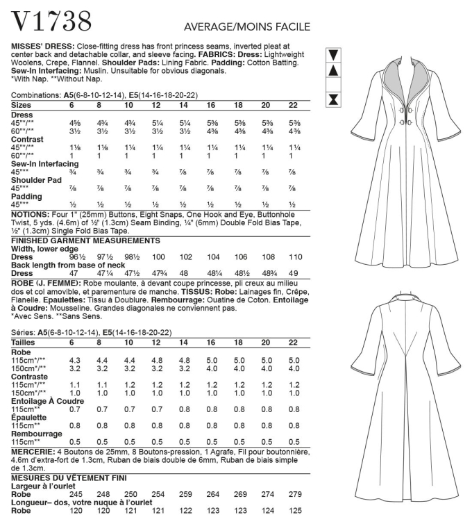 Naaipatroon Vogue 1738 retro jurk, maat  40-48, Dui/En/Fr