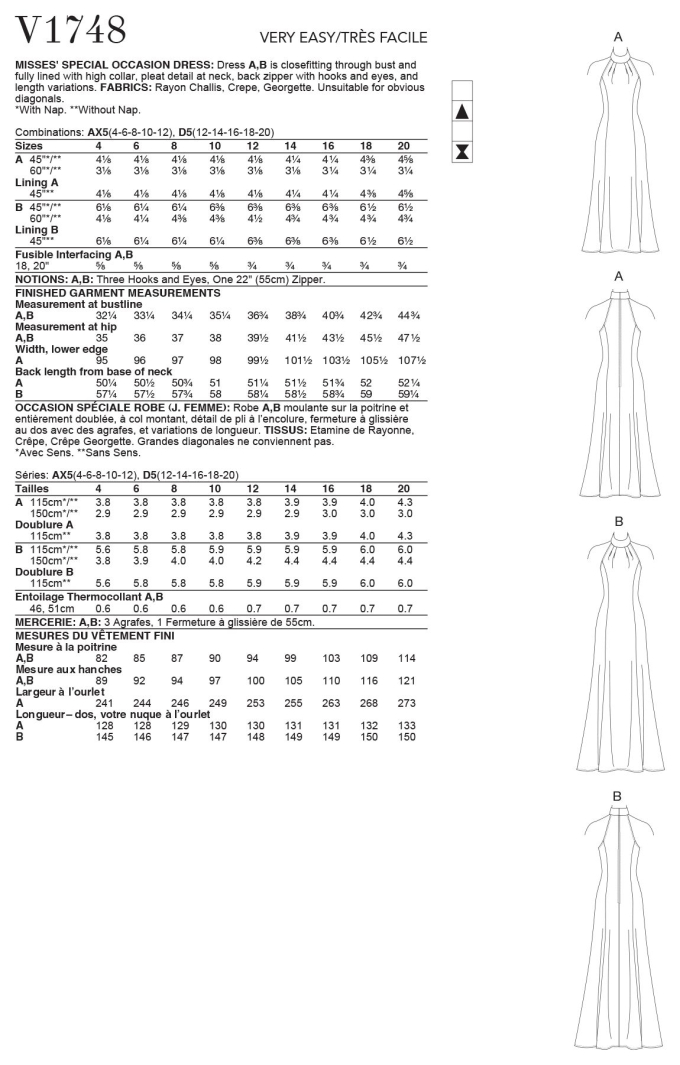 Patron Vogue 1748 robe, taille 30-38, en français