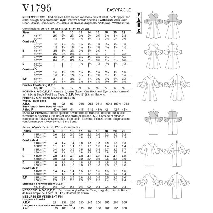 Patron Vogue 1795 robe de créateur, taille 32-40, en français