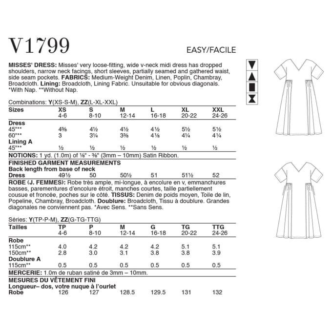 Patron Vogue 1799 robe de styliste femme, taille 32-40, en français