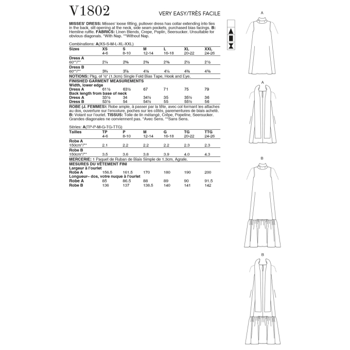 Patron Vogue 1802 robe femme, taille 32-48, en français