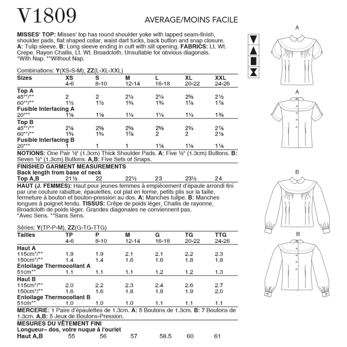 Naaipatroon Vogue 1809 blouse, maat 32-40, Dui/En/Fr