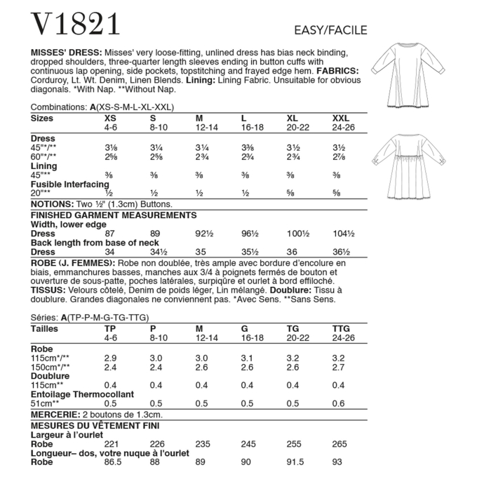 Patron Vogue 1821 robe de styliste femme, taille 32-48 en français