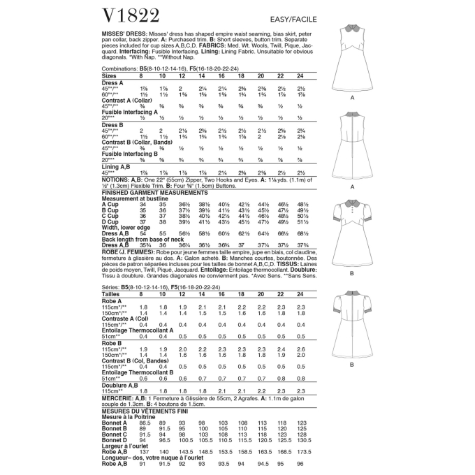 Patron Vogue 1822 robe femme, taille 42-50, en français