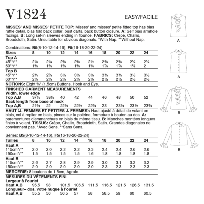 Naaipatroon Vogue 1824 blouse, maat 34-42, Dui/En/Fr