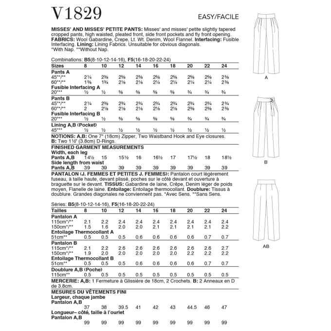 Naaipatroon Vogue 1829 broek, maat  42-50, Dui/En/Fr