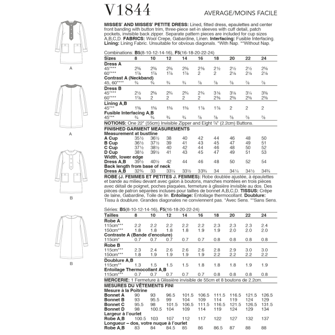Naaipatroon Vogue 1844 jurk, maat 34-42, Dui/En/Fr