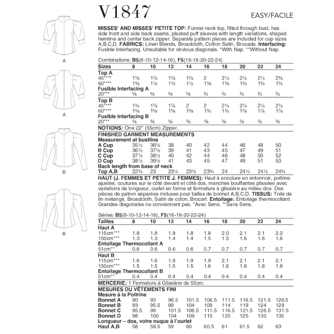Naaipatroon Vogue 1847 Gr. 42-50 blouse, Dui/En/Fr