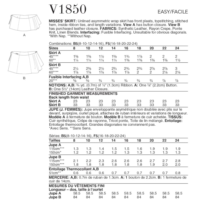 Patron Vogue 1850 jupe femme, taille 42-50, en français