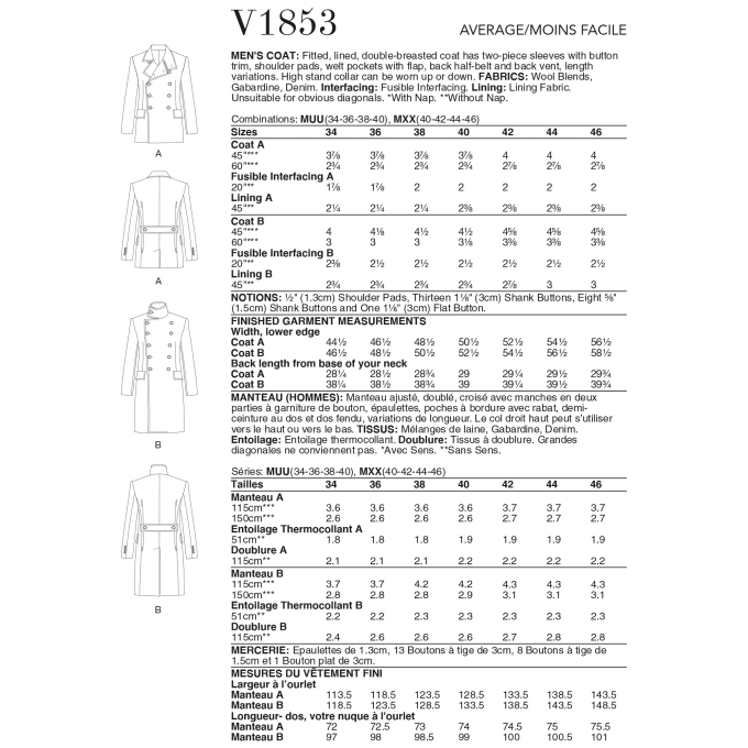 Naaipatroon Vogue 1853 Mantel Gr. 50-56, Dui/En/Fr