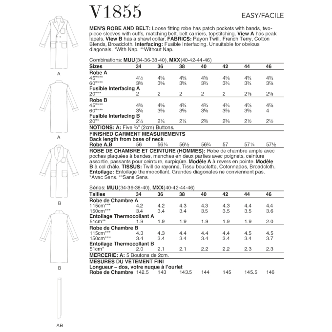 Naaipatroon Vogue 1855 badjas Gr. 44-50, Dui/En/Fr