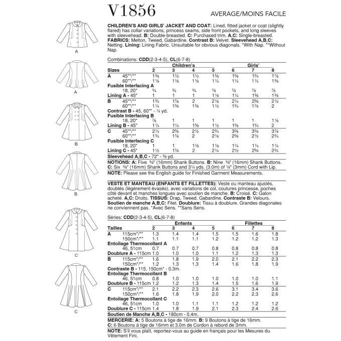 Naaipatroon Vogue 1856 kinderjas, maat 92-116, Dui/En/FR