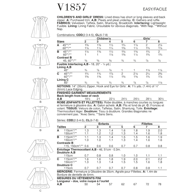 Naaipatroon Vogue 1857 kinderjurk, maat 92-116, Dui/En/Fr