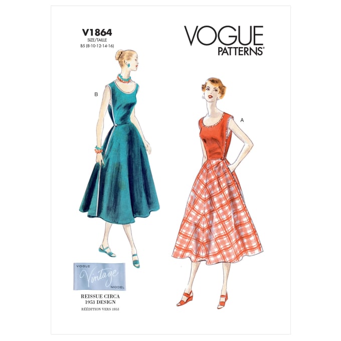 Patron Vogue 1864 robe vintage, taille 34-42, en français
