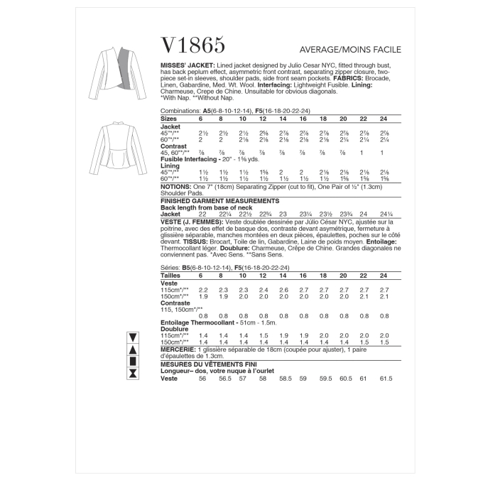 Naaipatroon Vogue 1865 Designer jas, 32-40 Dui/En/Fr