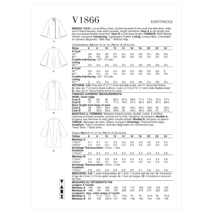 Patron Vogue 1866 veste de styliste femme, taille 32-40, en français